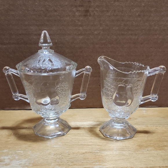 Clear Glass Sugar and Creamer Set with Pear Relief